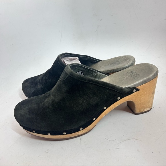 UGG Abbie Black Suede Mule Clog Sz 8 Wood Heel Studded Sherpa Lined Boho - Picture 4 of 11